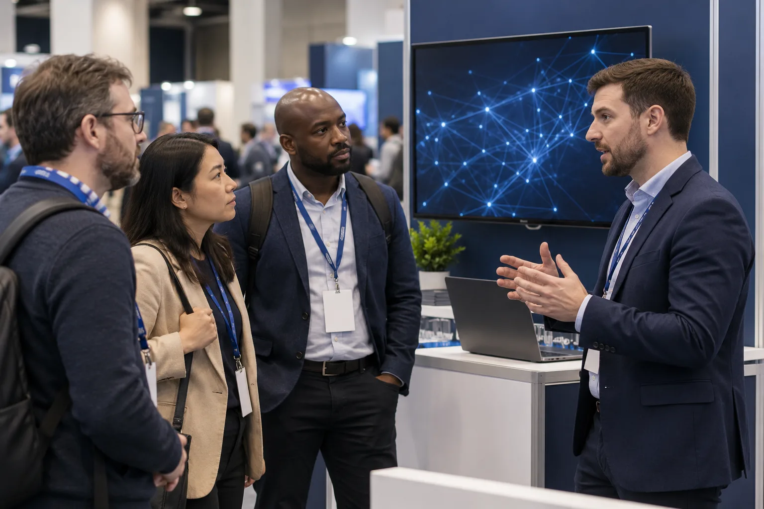 Visitors discuss security software at a conference exhibition booth.
