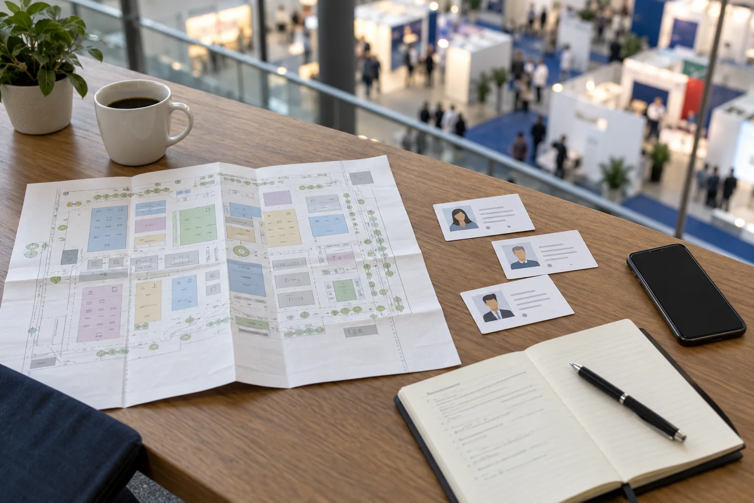 A conference planning desk with a folded venue map, profile cards, notebook, and phone beside an exhibition hall.